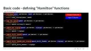 Basic code - deﬁning “Hamilton” functions
def holidays(year: pd.Series, week: pd.Series) -> pd.Series:
"""Some docs"""
return some_library(year, week)
def avg_3wk_spend(spend: pd.Series) -> pd.Series:
"""Some docs"""
return spend.rolling(3).mean()
def spend_per_signup(spend: pd.Series, signups: pd.Series) -> pd.Series:
"""Some docs"""
return spend / signups
def spend_shift_3weeks(spend: pd.Series) -> pd.Series:
"""Some docs"""
return spend.shift(3)
def spend_shift_3weeks_per_signup(spend_shift_3weeks: pd.Series, signups: pd.Series) -> pd.Series:
"""Some docs"""
return spend_shift_3weeks / signups
#applyconf #MLOps #machinelearning 24
Output Column
Input Column
my_functions.py
 