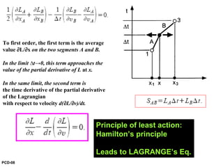 Principle of least action:
Hamilton’s principle
Leads to LAGRANGE’s Eq.
To first order, the first term is the average
value ∂L/∂x on the two segments A and B.
In the limit ∆t→0, this term approaches the
value of the partial derivative of L at x.
In the same limit, the second term is
the time derivative of the partial derivative
of the Lagrangian
with respect to velocity d(∂L/∂v)/dt.
PCD-08
 