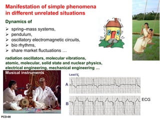 Manifestation of simple phenomena
in different unrelated situations
Dynamics of
spring–mass systems,
pendulum,
oscillatory electromagnetic circuits,
bio rhythms,
share market fluctuations …
radiation oscillators, molecular vibrations,
atomic, molecular, solid state and nuclear physics,
electrical engineering, mechanical engineering …
Musical instruments
ECG
PCD-08
 