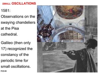 SMALL OSCILLATIONS
1581:
Observations on the
swaying chandeliers
at the Pisa
cathedral.
Galileo (then only
17) recognized the
constancy of the
periodic time for
small oscillations.
PCD-08
 