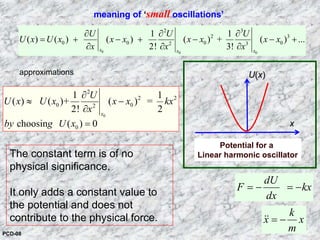 0 0 0
2 3
2 3
0 0 0 02 3
1 1
( ) ( ) ( ) ( ) + ( ) ...
2! 3!x x x
U U U
U x U x x x x x x x
x x x
∂ ∂ ∂
= + − + − − +
∂ ∂ ∂
meaning of ‘small oscillations’
approximations
0
2
2 2
0 02
0
1 1
( ) ( )+ ( ) =
2! 2
choosin ( ) 0
x
U
U x U x x x kx
x
by g U x
∂
≈ −
∂
=
dU
F kx
dx
= − = −
k
x x
m
= −&&
Potential for a
Linear harmonic oscillator
x
U(x)
The constant term is of no
physical significance.
It only adds a constant value to
the potential and does not
contribute to the physical force.
PCD-08
 