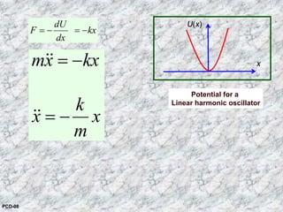 dU
F kx
dx
= − = −
mx kx
k
x x
m
= −
= −
&&
&&
Potential for a
Linear harmonic oscillator
x
U(x)
PCD-08
 