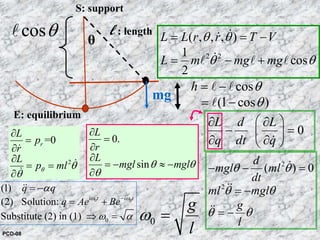 l : length
E: equilibrium
S: support
θ
mg
cosθl
cos
(1 cos )
h θ
θ
= −
= −
l l
l
2 2
( , , , )
1
cos
2
L L r r T V
L m mg mg
θ θ
θ θ
= = −
= − +
&&
&l l l
0.
sin
L
r
L
mgl mglθ θ
θ
∂
=
∂
∂
= − ≈ −
∂
2
=0r
L
p
r
L
p mlθ θ
θ
∂
=
∂
∂
= =
∂
&
&
&
0
L d L
q dt q
⎛ ⎞∂ ∂
− =⎜ ⎟
∂ ∂⎝ ⎠&
2
2
( ) 0
d
mgl ml
dt
ml mgl
g
l
θ θ
θ θ
θ θ
− − =
= −
= −
&
&&
&&
0 0
0
(1)
(2) Solution:
Substitute (2) in (1)
i t i t
q q
q Ae Beω ω
α
ω α
−
= −
= +
⇒ =
&&
0
g
l
ω =
PCD-08
 