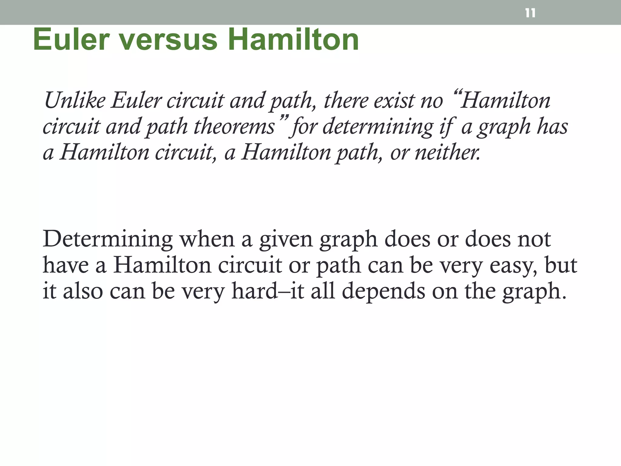 Unlike Euler circuit and path, there exist no “Hamilton
circuit and path theorems” for determining if a graph has
a Hamilton circuit, a Hamilton path, or neither.
Determining when a given graph does or does not
have a Hamilton circuit or path can be very easy, but
it also can be very hard–it all depends on the graph.
Euler versus Hamilton
11
 