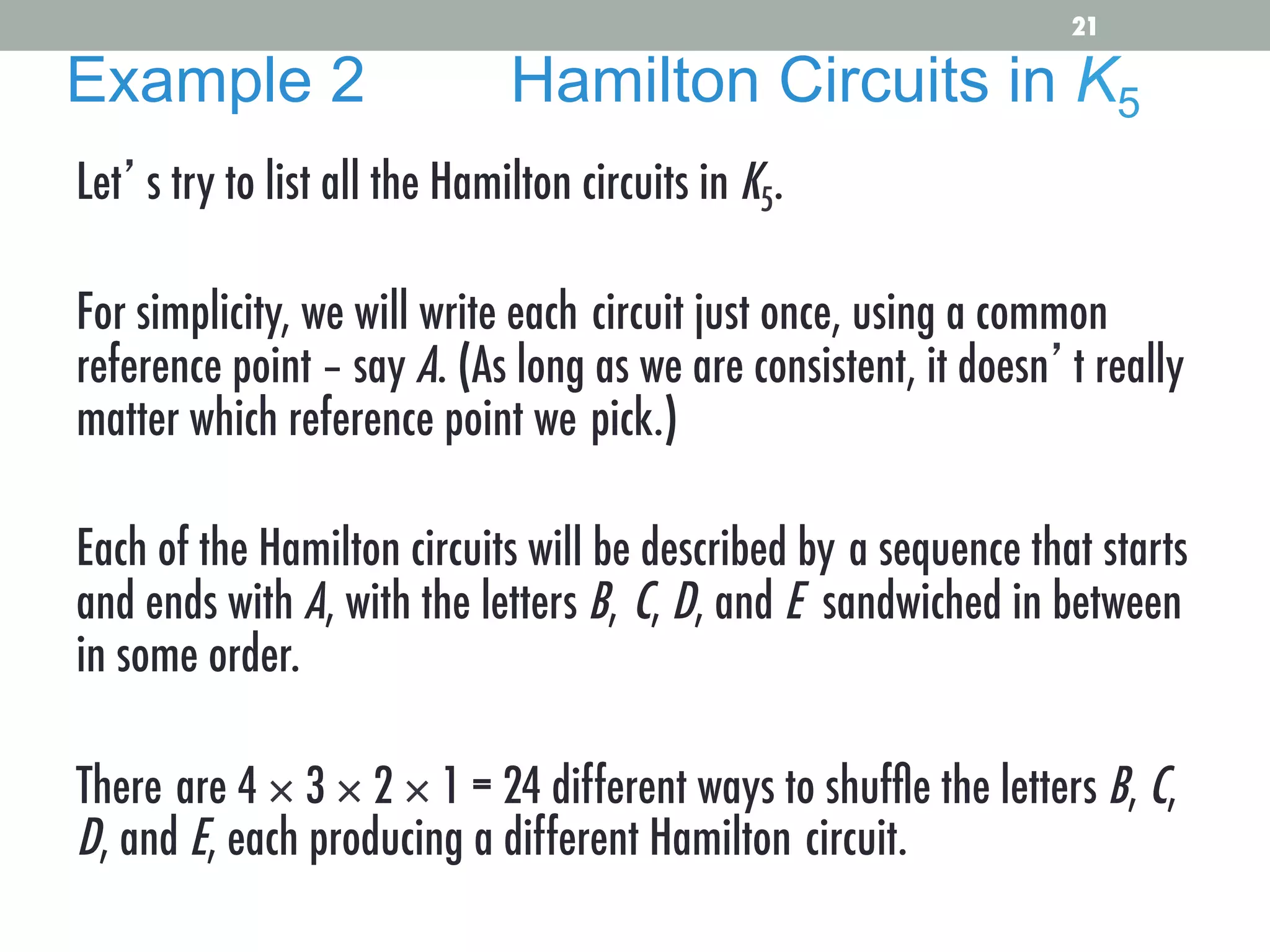 Let’s try to list all the Hamilton circuits in K5.
For simplicity, we will write each circuit just once, using a common
reference point – say A. (As long as we are consistent, it doesn’t really
matter which reference point we pick.)
Each of the Hamilton circuits will be described by a sequence that starts
and ends with A, with the letters B, C, D, and E sandwiched in between
in some order.
There are 4 × 3 × 2 × 1 = 24 different ways to shufﬂe the letters B, C,
D, and E, each producing a different Hamilton circuit.
Example 2 Hamilton Circuits in K5
21
 