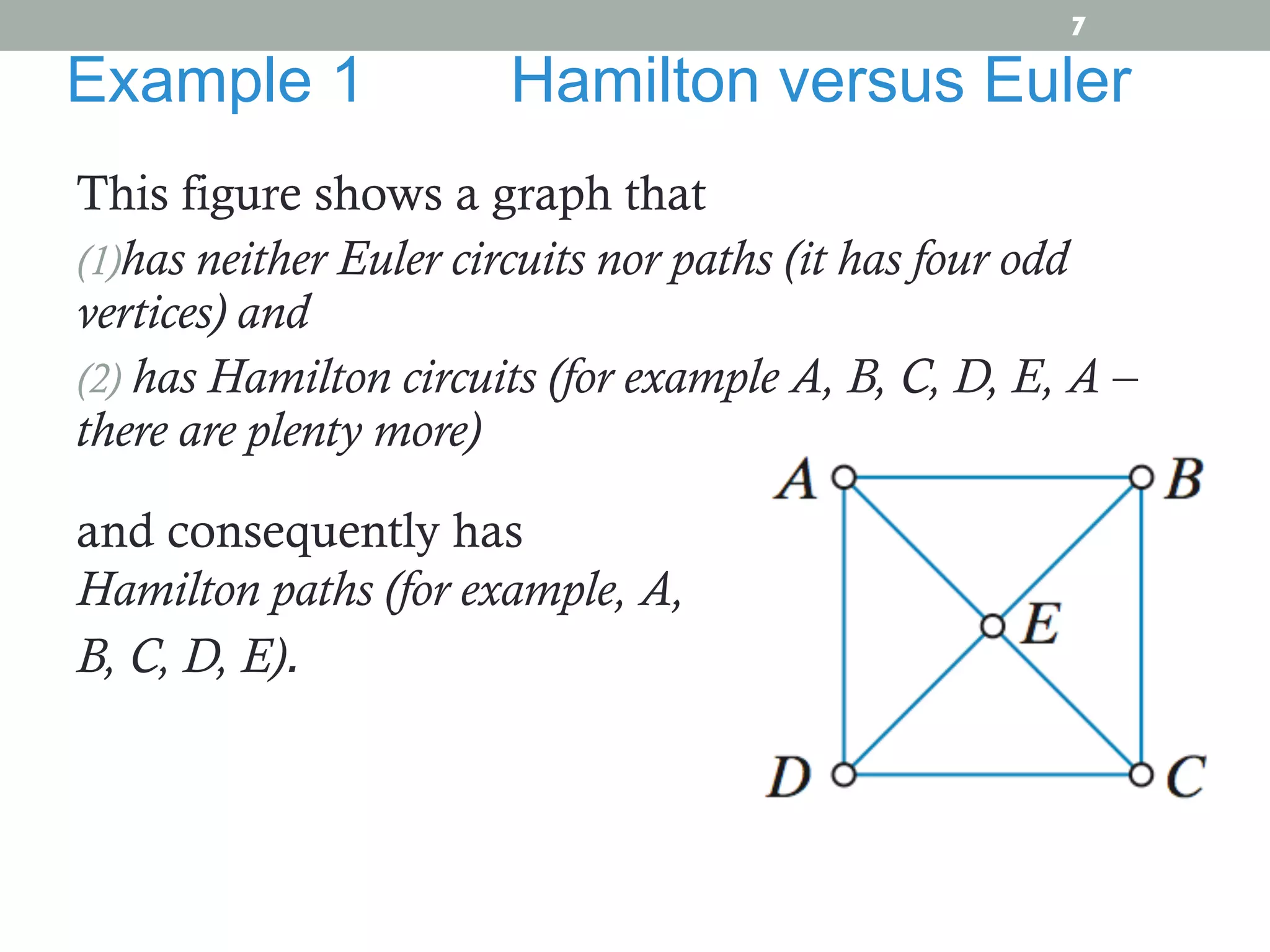 This figure shows a graph that
(1) has neither Euler circuits nor paths (it has four odd
vertices) and
(2) has Hamilton circuits (for example A, B, C, D, E, A –
there are plenty more)
Example 1 Hamilton versus Euler
and consequently has
Hamilton paths (for example, A,
B, C, D, E).
7
 