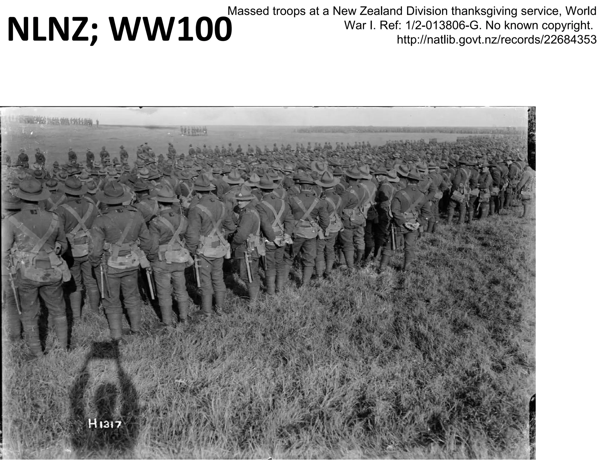 Massed troops at a New Zealand Division thanksgiving service, World
War I. Ref: 1/2-013806-G. No known copyright.
http://natlib.govt.nz/records/22684353NLNZ; WW100
 