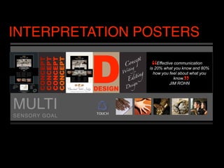 INTERPRETATION POSTERS

                “   Effective communication
                                “
                is 20% what you know and 80%
                  how you feel about what you
                              know.”
                           JIM ROHN




MULTI
SENSORY GOAL
 