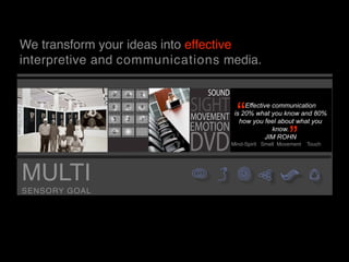 We transform your ideas into effective
interpretive and communications media.



                                           “  Effective communication
                                                              “
                                          is 20% what you know and 80%
                                            how you feel about what you
                                                        know.
                                                     JIM ROHN
                           Sight   Sound Mind-Spirit Smell Movement   Touch




MULTI
SENSORY GOAL
 