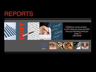 REPORTS

          “   Effective communication
                          “
          is 20% what you know and 80%
            how you feel about what you
                        know.”
                     JIM ROHN
 