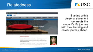 Relatedness
Starting with a
personal statement
connects the
student’s life journey
with their learning and
career journey ahead.
 