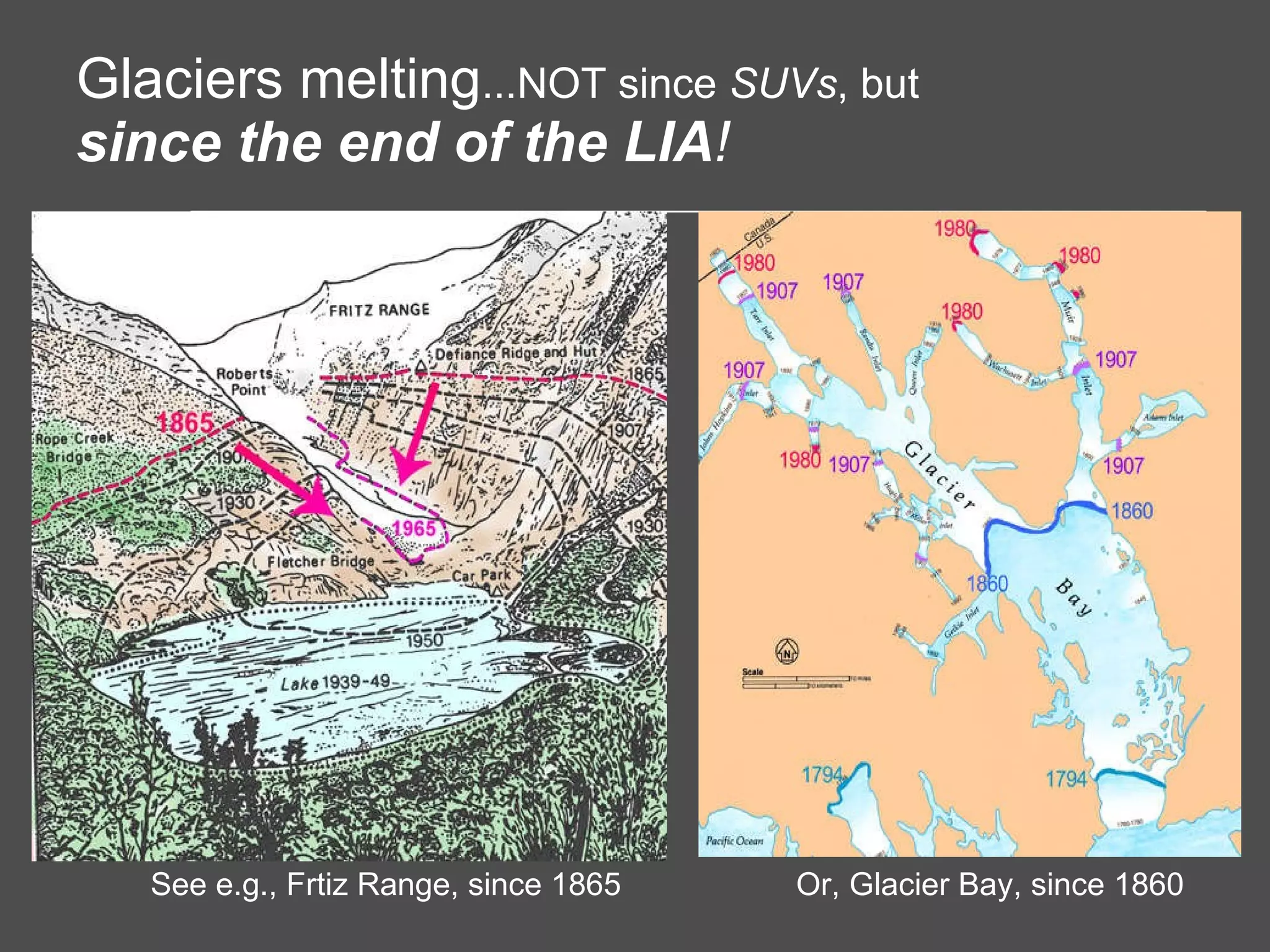 Glaciers melting ...NOT since  SUVs , but since the end of the LIA ! See e.g., Frtiz Range, since 1865 Or, Glacier Bay, since 1860 