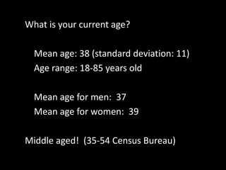 What is your current age?
Mean age: 38 (standard deviation: 11)
Age range: 18-85 years old
Mean age for men: 37
Mean age f...