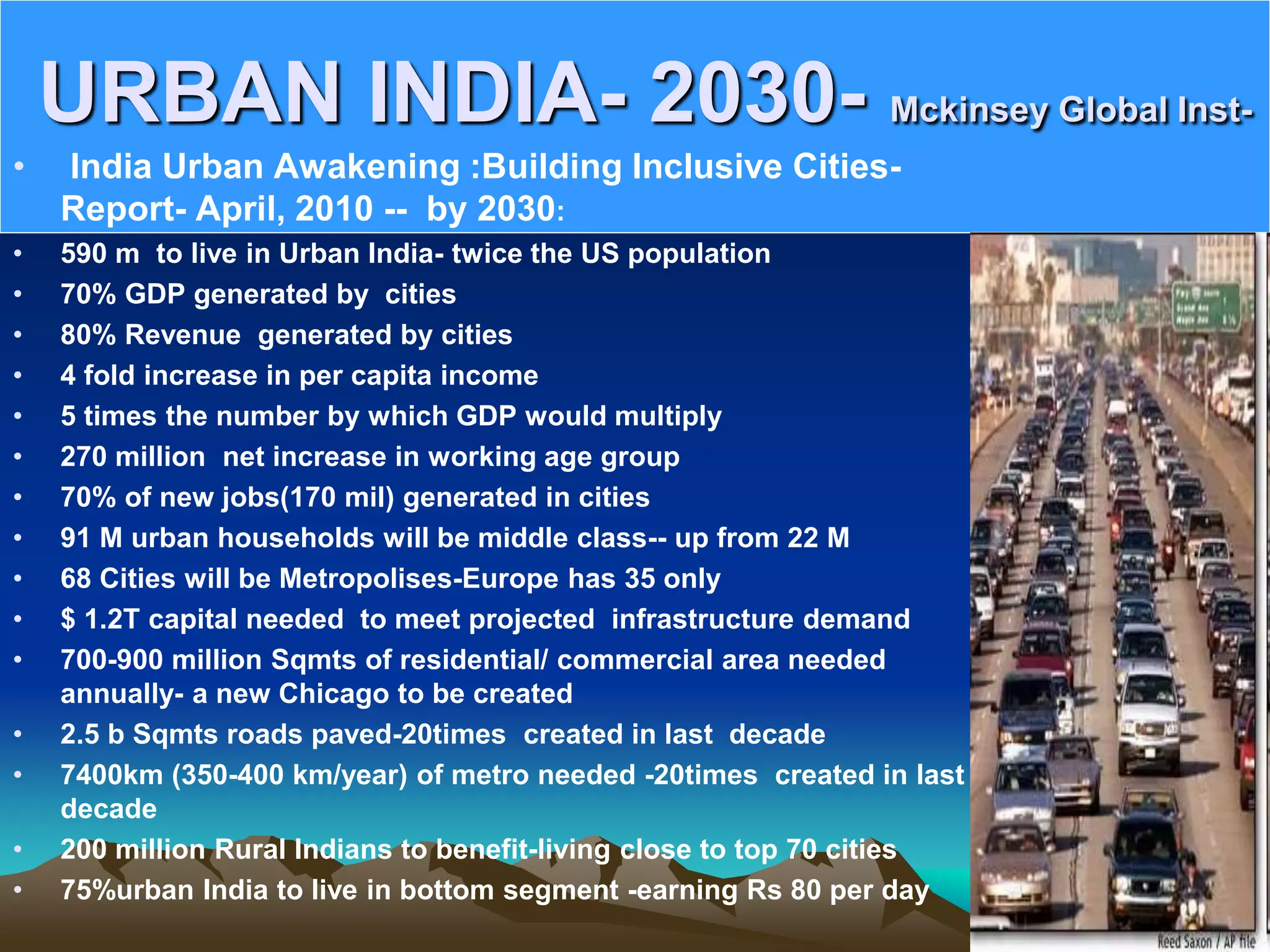 URBAN INDIA- 2030- Mckinsey Global Inst-
• India Urban Awakening :Building Inclusive Cities-
Report- April, 2010 -- by 2030:
• 590 m to live in Urban India- twice the US population
• 70% GDP generated by cities
• 80% Revenue generated by cities
• 4 fold increase in per capita income
• 5 times the number by which GDP would multiply
• 270 million net increase in working age group
• 70% of new jobs(170 mil) generated in cities
• 91 M urban households will be middle class-- up from 22 M
• 68 Cities will be Metropolises-Europe has 35 only
• $ 1.2T capital needed to meet projected infrastructure demand
• 700-900 million Sqmts of residential/ commercial area needed
annually- a new Chicago to be created
• 2.5 b Sqmts roads paved-20times created in last decade
• 7400km (350-400 km/year) of metro needed -20times created in last
decade
• 200 million Rural Indians to benefit-living close to top 70 cities
• 75%urban India to live in bottom segment -earning Rs 80 per day
 