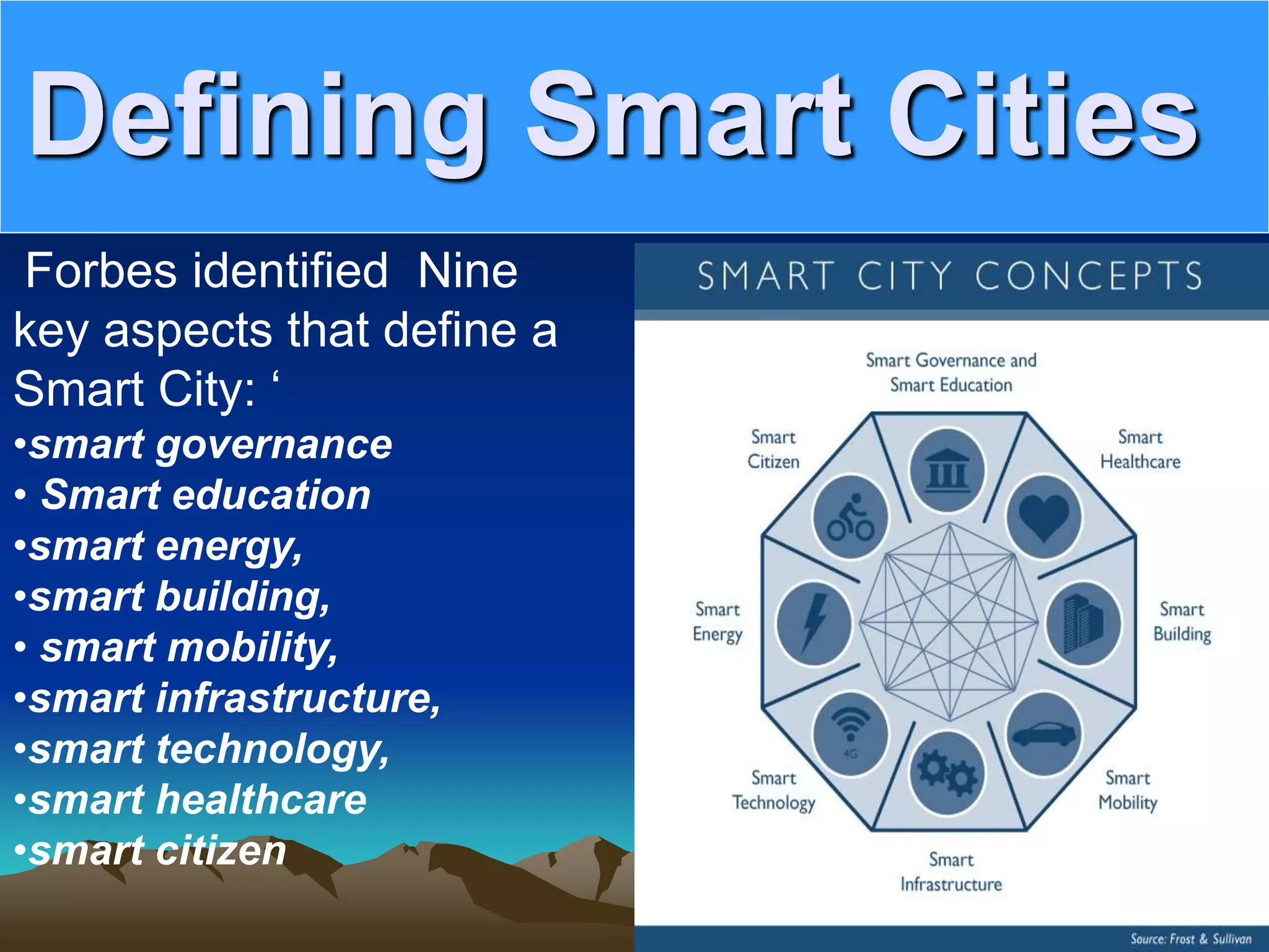 Defining Smart Cities
Forbes identified Nine
key aspects that define a
Smart City: ‘
•smart governance
• Smart education
•smart energy,
•smart building,
• smart mobility,
•smart infrastructure,
•smart technology,
•smart healthcare
•smart citizen
 