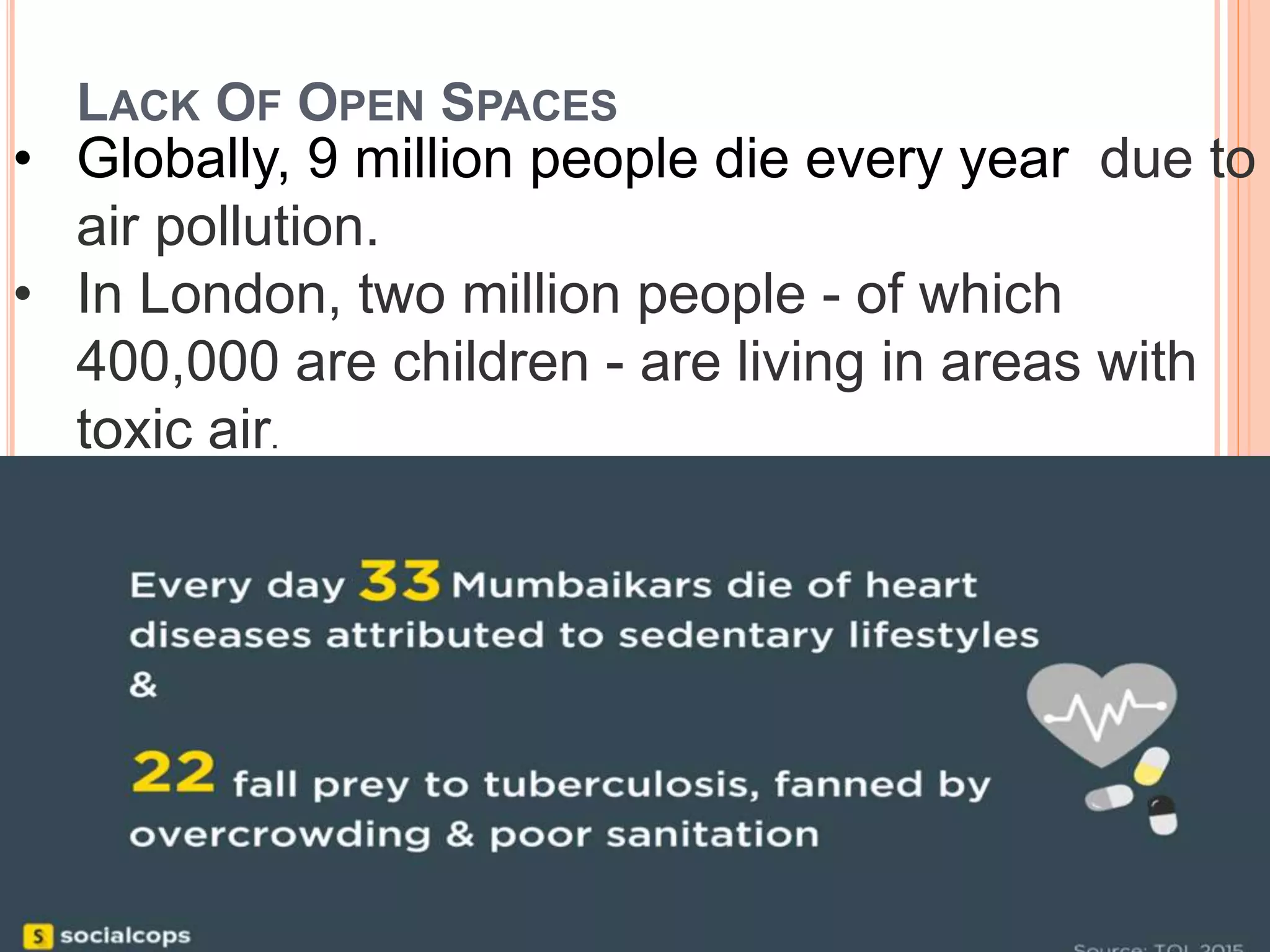 LACK OF OPEN SPACES
• Globally, 9 million people die every year due to
air pollution.
• In London, two million people - of which
400,000 are children - are living in areas with
toxic air.
 