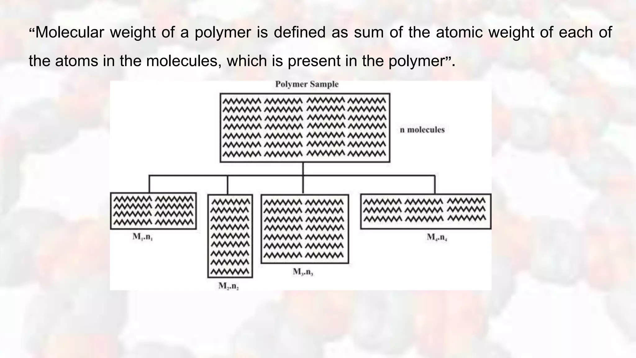 “Molecular weight of a polymer is defined as sum of the atomic weight of each of
the atoms in the molecules, which is present in the polymer”.
 
