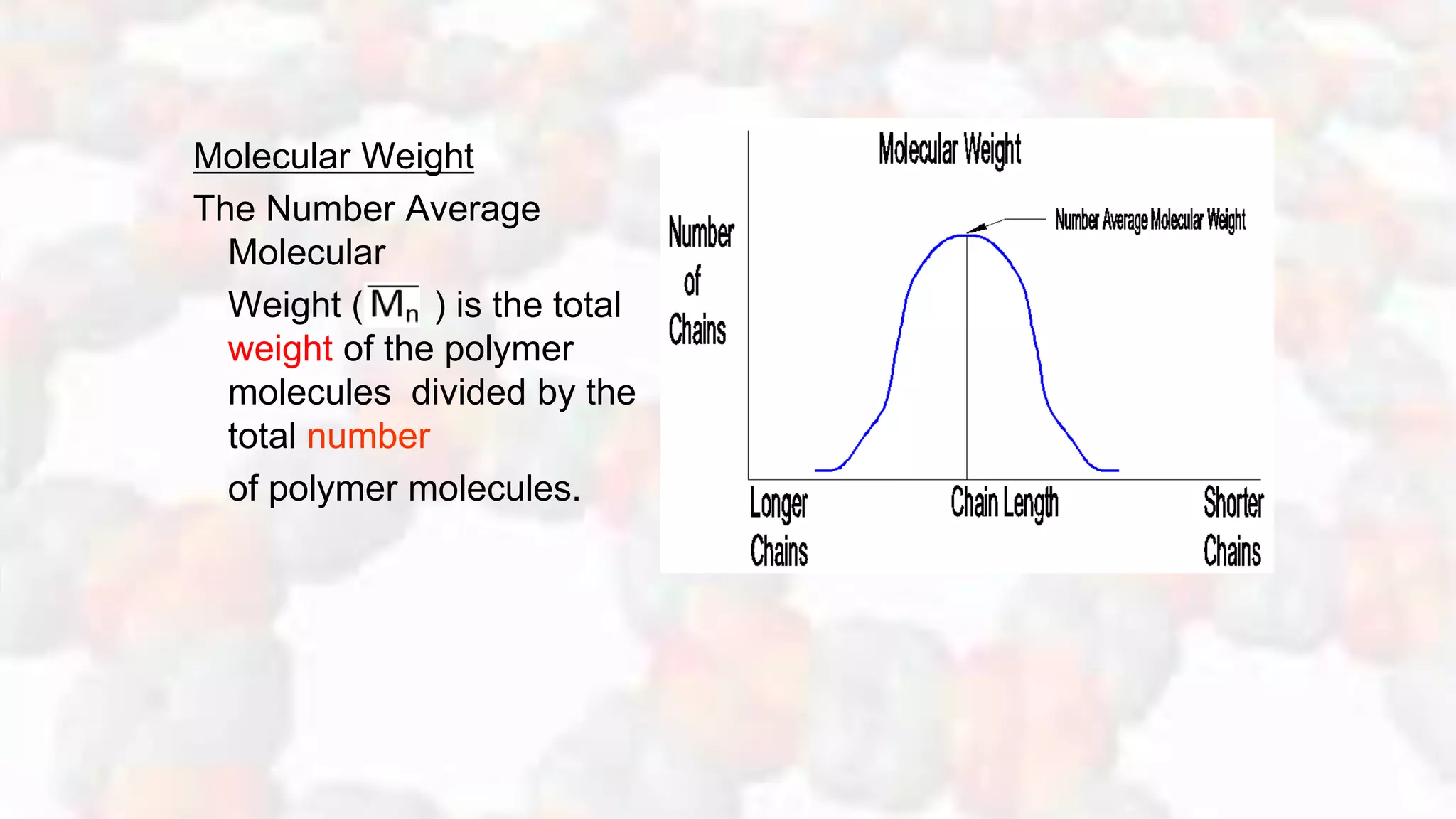 Molecular Weight
The Number Average
Molecular
Weight ( ) is the total
weight of the polymer
molecules divided by the
total number
of polymer molecules.
 