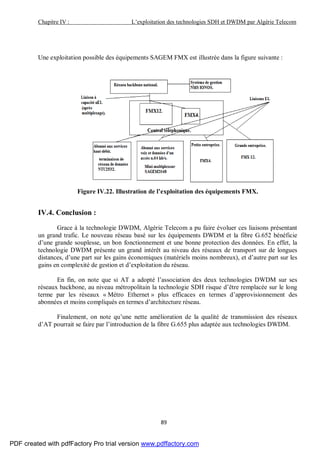 Chapitre IV : L’exploitation des technologies SDH et DWDM par Algérie Telecom
89
Une exploitation possible des équipements SAGEM FMX est illustrée dans la figure suivante :
Figure IV.22. Illustration de l’exploitation des équipements FMX.
IV.4. Conclusion :
Grace à la technologie DWDM, Algérie Telecom a pu faire évoluer ces liaisons présentant
un grand trafic. Le nouveau réseau basé sur les équipements DWDM et la fibre G.652 bénéficie
d’une grande souplesse, un bon fonctionnement et une bonne protection des données. En effet, la
technologie DWDM présente un grand intérêt au niveau des réseaux de transport sur de longues
distances, d’une part sur les gains économiques (matériels moins nombreux), et d’autre part sur les
gains en complexité de gestion et d’exploitation du réseau.
En fin, on note que si AT a adopté l’association des deux technologies DWDM sur ses
réseaux backbone, au niveau métropolitain la technologie SDH risque d’être remplacée sur le long
terme par les réseaux « Métro Ethernet » plus efficaces en termes d’approvisionnement des
abonnées et moins compliqués en termes d’architecture réseau.
Finalement, on note qu’une nette amélioration de la qualité de transmission des réseaux
d’AT pourrait se faire par l’introduction de la fibre G.655 plus adaptée aux technologies DWDM.
PDF created with pdfFactory Pro trial version www.pdffactory.com
 