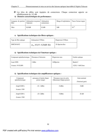 Chapitre V Dimensionnement et mise en service des liaisons optiques haut-débit d’Algérie Telecom
92
Ø Les têtes de câbles sont équipées de connecteurs. Chaque connecteur apporte un
affaiblissement de 0.5 dB.
ü Données caractéristiques de performance :
Longueur de portion de
fibre
Atténuation moyenne de
l’épissure
Atténuation d
connecteurs
Marge d’exploitation Taux d’erreur requis
3Km 0,03dB 0,5dB 5dB 10-12
ü Spécifications techniques des fibres optiques :
Type de fibre optique Atténuation/1550nm Dispersion/1550nm
SMF28/G652 KmdBLin /20,019,0 −≤α ≤ 18ps/nm.Km
ü Spécifications techniques de l’émetteur optique :
Composant optoélectronique Puissance d’émission Dispersion max Fenêtre optique
Laser DFB
Avanex 1915LMN
2 dBm 1600ps/nm Bande C
1529,5 -1669,5nm
ü Spécifications techniques des amplificateurs optiques :
Composant
optoélectronique
puissance d’entrée (Input
power range)
Puissance max de sortie
(Maximum Output power)
Gain nominal
(Nominal gain)
Ampli EDFA
Avanex 1509
-32 - 2dBm 21dBm 23dB
Ampli EDFA
Avanex 1504
-25- 2dBm 15dBm 20 dB
PDF created with pdfFactory Pro trial version www.pdffactory.com
 