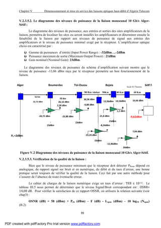 Chapitre V Dimensionnement et mise en service des liaisons optiques haut-débit d’Algérie Telecom
99
V.2.3.5.2. Le diagramme des niveaux de puissance de la liaison monocanal 10 Gb/s Alger-
Sétif :
Le diagramme des niveaux de puissance, aux entrées et sorties des sites amplificateurs de la
liaison, permettra de localiser les sites ou seront installés les amplificateurs et déterminer ensuite la
faisabilité de la liaison par rapport aux niveaux de puissance de signal aux entrées des
amplificateurs et le niveau de puissance minimal exigé par le récepteur. L’amplificateur optique
choisi est caractérisé par :
ü Gamme de puissances d’entrée (Input Power Range) : -32dBm….-2dBm
ü Puissance maximum de sortie (Maximum Output Power) : 21dBm
ü Gain nominal (Nominal Gain): 23dBm.
Le diagramme des niveaux de puissance du schéma d’amplification suivant montre que le
niveau de puissance -13,86 dBm reçu par le récepteur permettra un bon fonctionnement de la
liaison.
Souk-El-Thenine
90 Km Adekar 50Km 40 Km 60 Km
Figure V.2 Diagramme des niveaux de puissance de la liaison monocanal 10 Gb/s Alger-Sétif.
V.2.3.5.3. Vérification de la qualité de la liaison :
Bien que le niveau de puissance minimum que le récepteur doit détecter PRmin dépend en
analogique, du rapport signal sur bruit et en numérique, du débit et du taux d’erreur, une bonne
pratique serait toujours de vérifier la qualité de la liaison. Ceci fait par une autre méthode pour
s’assurer de l’absence de toute éventuelle erreur.
Le cahier de charges de la liaison numérique exige un taux d’erreur : TEB ≤ 10-12. Le
tableau III.5 nous permet de déterminer que le niveau Signal/Bruit correspondant est : OSNR=
14,08 dB. Pour vérifier la satisfaction de ce rapport OSNR, on utilisera la relation suivante (voir
chap3) :
OSNR (dB) = 58 (dBm) + Pch (dBm) – F (dB) - Lspan (dBm) – 10 log10 (Nspan)
(B.2)
56 Km
23dBm
1,2 dBm
Alger Sé fBoumerdes Tizi-Ouzou Bejaia
70 Km
26,16 dBm22,72 dBm
30,36 dBm 16,66 dBm
-23,88 dBm-20,72 dBm
2,28 dBm
-9,62dBm
-0,88 dBm
PE =2dBm
23dBm
23dBm
-31,24 dBm
23dBm
-21,8 dBm
-8,24dBm
13,56dBm 14,16dBm
-12,96dBm
20dBm
7,04 dBm
PDF created with pdfFactory Pro trial version www.pdffactory.com
 