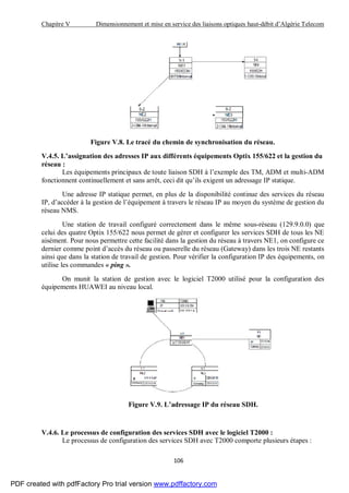 Chapitre V Dimensionnement et mise en service des liaisons optiques haut-débit d’Algérie Telecom
106
Figure V.8. Le tracé du chemin de synchronisation du réseau.
V.4.5. L’assignation des adresses IP aux différents équipements Optix 155/622 et la gestion du
réseau :
Les équipements principaux de toute liaison SDH à l’exemple des TM, ADM et multi-ADM
fonctionnent continuellement et sans arrêt, ceci dit qu’ils exigent un adressage IP statique.
Une adresse IP statique permet, en plus de la disponibilité continue des services du réseau
IP, d’accéder à la gestion de l’équipement à travers le réseau IP au moyen du système de gestion du
réseau NMS.
Une station de travail configuré correctement dans le même sous-réseau (129.9.0.0) que
celui des quatre Optix 155/622 nous permet de gérer et configurer les services SDH de tous les NE
aisément. Pour nous permettre cette facilité dans la gestion du réseau à travers NE1, on configure ce
dernier comme point d’accès du réseau ou passerelle du réseau (Gateway) dans les trois NE restants
ainsi que dans la station de travail de gestion. Pour vérifier la configuration IP des équipements, on
utilise les commandes « ping ».
On munit la station de gestion avec le logiciel T2000 utilisé pour la configuration des
équipements HUAWEI au niveau local.
Figure V.9. L’adressage IP du réseau SDH.
V.4.6. Le processus de configuration des services SDH avec le logiciel T2000 :
Le processus de configuration des services SDH avec T2000 comporte plusieurs étapes :
PDF created with pdfFactory Pro trial version www.pdffactory.com
 