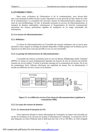 Chapitre I : Introduction aux réseaux et supports de transmission
3
I.1.INTRODUCTION :
Dans notre civilisation de l'information et de la communication, nous devons faire
face à une demande de débits de plus en plus importante et à une nécessité de faire chuter les coûts
de la communication. La conception des nouveaux réseaux de télécommunication optiques est au
cœur de cette problématique. En fait, la demande croissante en services de télécommunication, le
transport de données multimédias volumineuses et l'augmentation de l'activité communicante
nécessitent des réseaux performants capables de transporter en un temps raisonnable des
informations.
I.2. Les réseaux de télécommunication :
I.2.1. Définition :
Le réseau de télécommunication est l’ensemble des moyens techniques mis en œuvre pour
permettre à deux usagers un échange de données disponible et fiable quelque soit la distance qui les
séparent en un délai aussi court que possible et avec un cout raisonnable.
I.2.2. Le partage des infrastructures de télécommunication :
L’ensemble des liaisons constituées porte le nom de Réseau Téléphonique public Commuté
(RTPC). Ce réseau est censé techniquement répondre aux besoins de tous les citoyens de territoire
(mission du service public). Il utilise le principe classique de la commutation de circuits. Par le jeu
du commutateur local, l’abonné sélectionne son exploitant du réseau. Par ses abonnements, il
accède aux différents services vocaux ou de données :
Figure I.1. Les différents services d’un réseau de télécommunication (exploitant la
transmission SDH).
I.2.3. Les types des réseaux de données:
I.2.3.1. Le réseau local d’entreprise (LAN) :
Cette expression désigne le réseau informatique de l’entreprise sur lequel sont raccordés sur
un bus les terminaux et les serveurs du système d’information de l’entreprise. La norme de LAN la
plus fréquente est celle d’Ethernet dont le débit peut être fixé à 10 ou 100 Mb/s, ou 1Gb/s (Gigabit
PDF created with pdfFactory Pro trial version www.pdffactory.com
 