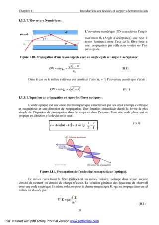 Chapitre I : Introduction aux réseaux et supports de transmission
10
I.3.2. L’Ouverture Numérique :
Figure I.10. Propagation d’un rayon injecté avec un angle égale à l’angle d’acceptance.
0
2
2
2
1
0sin
n
nn
ON
−
== θ (B.1)
Dans le cas ou le milieu extérieur est constitué d’air ( 10 =n ) l’ouverture numérique s’écrit :
2
2
2
10sin nnON −== θ (B.1)
I.3.3. L’équation de propagation et types des fibres optiques :
L’onde optique est une onde électromagnétique caractérisée par les deux champs électrique
et magnétique et une direction de propagation. Une fonction sinusoïdale décrit la forme la plus
simple de l’équation de propagation dans le temps et dans l’espace. Pour une onde plane qui se
propage en direction z la déviation a vaut:
(B.1)
Figure I.11. Propagation de l’onde électromagnétique (optique).
Le milieu constituant la fibre (Silice) est un milieu linéaire, isotrope dans lequel aucune
densité de courant et densité de charge n’existe. La solution générale des équations de Maxwell
pour une onde électrique E (même solution pour le champ magnétique H) qui se propage dans un tel
milieu est donnée par :
(B.1)
L’ouverture numérique (ON) caractérise l’angle
maximum θ0 (Angle d’acceptance) que peut faire le
rayon lumineux avec l’axe de la fibre pour assurer
une propagation par réflexions totales sur l’interface
cœur-gaine.
( ) 





−=−=
λ
πω
z
T
t
AkztAa 2sin.sin
PDF created with pdfFactory Pro trial version www.pdffactory.com
 