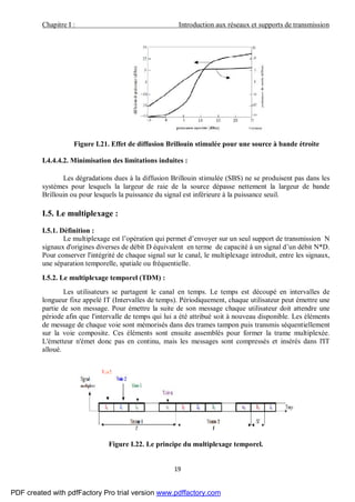 Chapitre I : Introduction aux réseaux et supports de transmission
19
Figure I.21. Effet de diffusion Brillouin stimulée pour une source à bande étroite
I.4.4.4.2. Minimisation des limitations induites :
Les dégradations dues à la diffusion Brillouin stimulée (SBS) ne se produisent pas dans les
systèmes pour lesquels la largeur de raie de la source dépasse nettement la largeur de bande
Brillouin ou pour lesquels la puissance du signal est inférieure à la puissance seuil.
I.5. Le multiplexage :
I.5.1. Définition :
Le multiplexage est l’opération qui permet d’envoyer sur un seul support de transmission N
signaux d'origines diverses de débit D équivalent en terme de capacité à un signal d’un débit N*D.
Pour conserver l'intégrité de chaque signal sur le canal, le multiplexage introduit, entre les signaux,
une séparation temporelle, spatiale ou fréquentielle.
I.5.2. Le multiplexage temporel (TDM) :
Les utilisateurs se partagent le canal en temps. Le temps est découpé en intervalles de
longueur fixe appelé IT (Intervalles de temps). Périodiquement, chaque utilisateur peut émettre une
partie de son message. Pour émettre la suite de son message chaque utilisateur doit attendre une
période afin que l'intervalle de temps qui lui a été attribué soit à nouveau disponible. Les éléments
de message de chaque voie sont mémorisés dans des trames tampon puis transmis séquentiellement
sur la voie composite. Ces éléments sont ensuite assemblés pour former la trame multiplexée.
L'émetteur n'émet donc pas en continu, mais les messages sont compressés et insérés dans l'IT
alloué.
Figure I.22. Le principe du multiplexage temporel.
PDF created with pdfFactory Pro trial version www.pdffactory.com
 