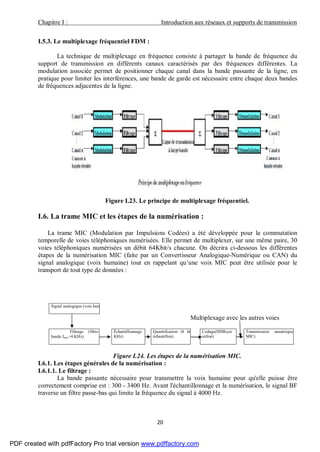 Chapitre I : Introduction aux réseaux et supports de transmission
20
I.5.3. Le multiplexage fréquentiel FDM :
La technique de multiplexage en fréquence consiste à partager la bande de fréquence du
support de transmission en différents canaux caractérisés par des fréquences différentes. La
modulation associée permet de positionner chaque canal dans la bande passante de la ligne, en
pratique pour limiter les interférences, une bande de garde est nécessaire entre chaque deux bandes
de fréquences adjacentes de la ligne.
Figure I.23. Le principe de multiplexage fréquentiel.
I.6. La trame MIC et les étapes de la numérisation :
La trame MIC (Modulation par Impulsions Codées) a été développée pour la commutation
temporelle de voies téléphoniques numérisées. Elle permet de multiplexer, sur une même paire, 30
voies téléphoniques numérisées un débit 64Kbit/s chacune. On décrira ci-dessous les différentes
étapes de la numérisation MIC (faite par un Convertisseur Analogique-Numérique ou CAN) du
signal analogique (voix humaine) tout en rappelant qu’une voix MIC peut être utilisée pour le
transport de tout type de données :
Signal analogique (voie humaine)
Multiplexage avec les autres voies
Filtrage (filtre passe
bande fmax=4 KHz)
Échantillonnage (Fe=8
KHz)
Quantification (8 bits pour
échantillon)
Codage(HDB3est très
utilisé)
Transmission numérique (trame
MIC)
Figure I.24. Les étapes de la numérisation MIC.
I.6.1. Les étapes générales de la numérisation :
I.6.1.1. Le filtrage :
La bande passante nécessaire pour transmettre la voix humaine pour qu'elle puisse être
correctement comprise est : 300 - 3400 Hz. Avant l'échantillonnage et la numérisation, le signal BF
traverse un filtre passe-bas qui limite la fréquence du signal à 4000 Hz.
PDF created with pdfFactory Pro trial version www.pdffactory.com
 