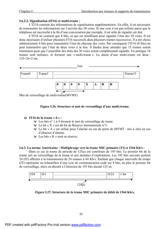 Chapitre I : Introduction aux réseaux et supports de transmission
22
I.6.2.2. Signalisation (IT16) et multi-trame :
L’IT16 contient des informations de signalisation supplémentaires. En effet, il est nécessaire
de transmettre les informations sur l’activité des 30 voies. Si une voie n’est pas utilisée parce que le
téléphone est raccroché à la fin d’une conversation par exemple, il est utile de signaler cet état.
L’IT16 ne contient que 8 bits, ce qui est insuffisant pour signaler l’état des 30 voies. Il est
donc nécessaire d’utiliser plusieurs IT16 successifs dans plusieurs trames successives. Il a été choisi
arbitrairement 4 bits pour transmettre l’état de chacune des voies. Par conséquent l’IT16 (8 bits) ne
peut transmettre que l’état de deux voies à la fois. Il faudra donc attendre que 15 trames soient
transmises pour que l’ensemble des états des 30 voies soient complètement signalés. En pratique 16
trames sont utilisées, et forment une « multi-trame ». La durée d’une multi-trame est donc :
125×16=2 ms.
2ms
Trame0 Trame1 ……………………………………………………… Trame15
0 0 0 0 X A R R
Mot de verrouillage de multi-trame(MVMT)
Figure I.26. Structure et mot de verrouillage d’une multi-trame.
ü IT16 de la trame « 0 » :
v Les bits n° 1 à 4 forment le mot de verrouillage de trame.
v Le bit « X » est dit bit de Réserve internationale n°3.
v Le bit « A » est utilisé pour l’alarme en cas de perte de MVMT : mis à zéro en cas
d’absence d’alarme.
v Les bits « R » sont en réserve.
I.6.3. La norme Américaine : Multiplexage vers la trame MIC primaire (T1) à 1544 Kb/s :
Dans ce cas la trame de période de 125µs est constituée de 193 bits. Le premier bit de la
trame sert au verrouillage de la trame et aux données d’exploitation. Les 192 bits suivants portent
24 (IT) affectés à la transmission de 24 canaux à 64 Kb/s. Sachant que chaque intervalle du temps
(IT) représente un échantillon d’une voie de communication codé sur 8 bits, en plus le premier bit
de verrouillage, alors on aboutit à l’émission de 193 bits durant 125 us.
IT0 IT1 ………………………………………… IT23 1 bit
125µs
Figure I.27. Structure de la trame MIC primaire de débit de 1544 Kb/s.
PDF created with pdfFactory Pro trial version www.pdffactory.com
 