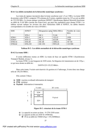 Chapitre II La hiérarchie numérique synchrone SDH
27
II-4-1 Les débits normalisés de la hiérarchie numérique synchrone :
Les trains de signaux incorporés dans la trame synchrone sont 1,5 ou 2 Mb/s. La trame SDH
du premier ordre STM-1 comporte 270 colonnes de 9 octets, expédiés toutes les 125 μs soit un débit
de 155,520 Mb/s. Le réseau optique synchrone (SONET: Synchronous Optical Network) fonctionne
au débit de 51,84 Mb/s (norme des Etats-Unis), qui peut être multiplexé pour donner STM-1. Le
tableau suivant indique les niveaux des deux hiérarchies SDH et SONET, les débits binaires
correspondants et le nombre de voies à 64 kbit/s :
SDH SONET Désignation optiqueDébit (Mb/s) Nombre de voies à 64
Kb/s
STS-1 OC-1 51,84
STM-1 STS-3 OC-3 155,52 1920
STM-4 STS-12 OC-12 622,08 7680
STM-16 STS-48 OC-48 2488,32 30 720
STM-64 STS-192 OC-192 9953,28 122 880
Tableau II-2 : Les débits normalisés de la hiérarchie numérique synchrone
II-4-2 La trame SDH :
Il existe différentes trames en SDH. La trame de base est appelée STM-1 (Synchronous
Transport Module, niveau 1).
La trame STM-1 à une longueur de 2430 octets. Sa fréquence de transmission est de 125µs ;
ce qui nous donne un débit de :
2430*8/125=155,52 Mbit/s.
Dans cette trame, 9 octets sont réservés à la gestion et à l’adressage, il reste donc une charge
utile de 150,336 Mbit/s.
Elle contient 3 blocs:
ü SOH : (section overhead) information de transport
ü PTR : pointeur
ü Payload : Information à transmettre
Figure II-2 : structure de la trame STM-1
ü La capacité en octets est donc : 9×270=2430 octets
ü La capacité en bits est 2430×8=19440 bits
Ø D’où un débit de 19440/125µs= 155,520Mbits/s
PDF created with pdfFactory Pro trial version www.pdffactory.com
 