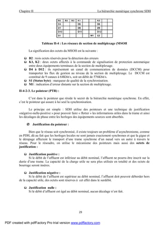 Chapitre II La hiérarchie numérique synchrone SDH
29
Tableau II-4 : Les réseaux de section de multiplexage (MSOH
La signification des octets du MSOH est la suivante :
ü B2 : trois octets réservés pour la détection des erreurs
ü K1, K2 : deux octets affectés à la commande de signalisation de protection automatique
entre deux équipements terminaux de la section de multiplexage.
ü D4 à D12 : ils représentent un canal de communication de données (DCCM) pour
transporter les flux de gestion au niveau de la section de multiplexage. Le DCCM est
constitué de 9 canaux à 64Kbit/s, soit un débit de 576Kbit/s.
ü S1 (Status byte) : marqueur de qualité de la synchronisation.
ü M1 : indication d’erreur distante sur la section de multiplexage.
II-4-2-3. Le pointeur (PTR) :
C’est dans le pointeur que réside le secret de la hiérarchie numérique synchrone. En effet,
c’est le pointeur qui assure à lui seul la synchronisation.
Le principe est simple : SDH utilise des pointeurs et une technique de justification
«négative-nulle-positive » pour pouvoir faire « flotter » les informations utiles dans la trame et ainsi
les décalages de phase entre les horloges des équipements sources sont absorbés.
Ø Justification du pointeur :
Bien que le réseau soit synchronisé, il existe toujours un problème d’asynchronisme, comme
en PDH, dû au fait que les horloges locales ne sont jamais exactement synchrones et que la gigue et
le dérapage affectent le transport d’une trame synchrone d’un nœud vers un autre à travers le
réseau. Pour le résoudre, on utilise le mécanisme des pointeurs mais aussi des octets de
justification :
ü Justification positive :
Si le débit de l’affluent est inférieur au débit nominal, l’affluent ne pourra être inscrit sur la
durée d’une trame. La capacité de la charge utile ne sera plus utilisée en totalité et des octets de
bourrage seront insères.
ü Justification négative :
Si le débit de l’affluent est supérieur au débit nominal, l’affluent doit pouvoir déborder hors
de la capacité utile, des octets sont réserves à cet effet dans le surdébit.
ü Justification nulle :
Si le débit d’affluent est égal au débit nominal, aucun décalage n’est fait.
PDF created with pdfFactory Pro trial version www.pdffactory.com
 