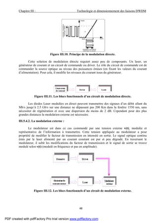 Chapitre III : Technologie et dimensionnement des liaisons DWDM
48
Figure III.10. Principe de la modulation directe.
Cette solution de modulation directe requiert assez peu de composants. Un laser, un
générateur de courant et un circuit de commande ou driver. Le rôle du circuit de commande est de
commander la source optique au niveau des puissances émises (en fixant les valeurs du courant
d’alimentation). Pour cela, il modifie les niveaux du courant issus du générateur.
Figure III.11. Les blocs fonctionnels d’un circuit de modulation directe.
Les diodes Laser modulées en direct peuvent transmettre des signaux d’un débit allant du
Mb/s jusqu’à 2.5 Gb/s sur une distance ne dépassant pas 200 Km dans la fenêtre 1550 nm, sans
nécessiter de régénération et avec une dispersion du moins de 2 dB. Cependant pour des plus
grandes distances la modulation externe est nécessaire.
III.5.4.2. La modulation externe :
Le modulateur est dans ce cas commandé par une tension externe v(t), modulée et
représentative de l’information à transmettre. Cette tension appliquée au modulateur a pour
propriété de modifier le facteur de transmission en intensité en sortie. Le signal optique continu
émis par le laser alimenté par un courant constant est pur et peu dégradé. En traversant le
modulateur, il subit les modifications du facteur de transmission et le signal de sortie se trouve
modulé selon v(t) (modulé en fréquence et pas en amplitude).
Figure III.12. Les blocs fonctionnels d’un circuit de modulation externe.
PDF created with pdfFactory Pro trial version www.pdffactory.com
 