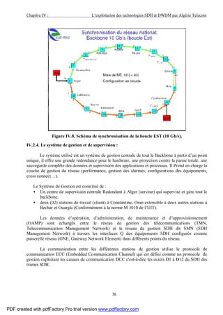 Chapitre IV : L’exploitation des technologies SDH et DWDM par Algérie Telecom
76
Figure IV.8. Schéma de synchronisation de la boucle EST (10 Gb/s).
IV.2.4. Le système de gestion et de supervision :
Le système utilisé est un système de gestion centrale de tout le Backbone à partir d’un point
unique, il offre une grande redondance pour le hardware, une protection contre la panne totale, une
sauvegarde complète des données et supervision des applications et processus. Il Prend en charge la
couche de gestion du réseau (performance, gestion des alarmes, configurations des équipements,
cross connect…).
Le Système de Gestion est constitué de :
• Un centre de supervision centrale Redondant à Alger (serveur) qui supervise et gère tout le
backbone.
• deux (02) stations de travail (client) à Constantine, Oran extensible à deux autres stations à
Bechar et Ouargla (Conformément à la norme M 3010 de l’UIT).
Les données d’opération, d’administration, de maintenance et d’approvisionnement
(OAMP) sont échangés entre le réseau de gestion des télécommunications (TMN,
Telecommunication Management Network) et le réseau de gestion SDH dit SMN (SDH
Management Network) à travers les interfaces Q des équipements SDH configurés comme
passerelle réseau (GNE, Gateway Network Element) dans différents points du réseau.
La communication entre les différentes stations de gestion utilise le protocole de
communication ECC (Embedded Communication Channel) qui est défini comme un protocole de
gestion exploitant les canaux de communication DCC c'est-à-dire les octets D1 à D12 du SOH des
trames SDH.
PDF created with pdfFactory Pro trial version www.pdffactory.com
 