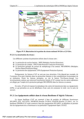 Chapitre IV : L’exploitation des technologies SDH et DWDM par Algérie Telecom
77
Figure IV.9. Illustration de la gestion du réseau national 10 Gb/s et 2.5 Gb/s.
IV.2.5. La sécurisation du réseau :
Les différents systèmes de protection utilisés dans le réseau sont :
ü La protection de section linéaire : MSP (Multiplex Section Protection).
ü La protection de conduit : SNCP (Sub-Network Connexion Protection).
ü La protection partagée de section de multiplexage d’un anneau: MS-SPRING (Multiplex
Section Shared Protection Ring)
ü La protection des équipements: EPS (Equipement Protection System).
Pratiquement, les liaisons d’AT ne sont pas tous sécurisées. Cela dépend par exemple, de
l’existence d’un autre itinéraire dans les protections linéaires et des considérations économiques de
sa réalisation. Parmi les liaisons protégées, on cite la liaison Tizi-Ouzou-Azazga. Les
investissements onéreux qui entravent la protection linéaire d’AT comme tous les autres opérateurs
est allégée par l’emploi de la protection partagée MS-SPRING dans les liaisons en anneau.
En outre, AT prévoit toujours la redondance des cartes de transmission dans ses équipements
(EPS), ce qui permettra en cas de défaillance d’une carte de commuter le trafic vers la carte de
secours.
IV.3. Les équipements utilisés dans le réseau Backbone d’Algérie Telecom :
Le réseau backbone d’AT est construit à base de produits de différents fournisseurs
HUAWEI, ZTE, ALCATEL, SIEMENS (boucles 10 Gb/s), SAGEM (boucles 2,5 Gb/s)…etc. Le
backbone DWDM d’AT étant construit à base des équipements HUAWEI, on détaillera en premier
lieu les équipements de ce fournisseur et en particulier l’équipement Optix 155/622.
PDF created with pdfFactory Pro trial version www.pdffactory.com
 
