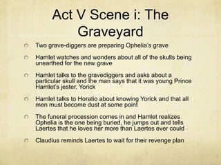 Act V Scene i: The
          Graveyard
Two grave-diggers are preparing Ophelia’s grave
Hamlet watches and wonders about all of the skulls being
unearthed for the new grave
Hamlet talks to the gravediggers and asks about a
particular skull and the man says that it was young Prince
Hamlet’s jester, Yorick
Hamlet talks to Horatio about knowing Yorick and that all
men must become dust at some point
The funeral procession comes in and Hamlet realizes
Ophelia is the one being buried, he jumps out and tells
Laertes that he loves her more than Laertes ever could
Claudius reminds Laertes to wait for their revenge plan
 
