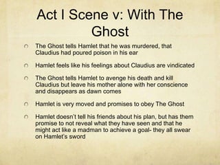 Act I Scene v: With The
         Ghost
The Ghost tells Hamlet that he was murdered, that
Claudius had poured poison in his ear

Hamlet feels like his feelings about Claudius are vindicated

The Ghost tells Hamlet to avenge his death and kill
Claudius but leave his mother alone with her conscience
and disappears as dawn comes

Hamlet is very moved and promises to obey The Ghost

Hamlet doesn’t tell his friends about his plan, but has them
promise to not reveal what they have seen and that he
might act like a madman to achieve a goal- they all swear
on Hamlet’s sword
 