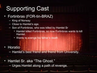 Supporting Cast Fortinbras (FOR-tin-BRAZ) King of Norway Close to Hamlet’s age. Son of Fortinbras, who was killed by Hamlet Sr Hamlet killed Fortinbras, so now Fortinbras wants to kill Hamlet. Wants to avenge his father’s death Horatio Hamlet’s best friend and friend from University. Hamlet Sr. aka “The Ghost.” Urges Hamlet along a path of revenge. 