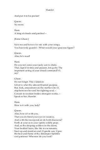 Hamlet
And put it in his pocket!
Queen.
No more.
Ham.
A king of shreds and patches!—
[Enter Ghost.]
Save me and hover o’er me with your wings,
You heavenly guards!—What would your gracious figure?
Queen.
Alas, he’s mad!
Ham.
Do you not come your tardy son to chide,
That, laps’d in time and passion, lets go by The
important acting of your dread command? O,
say!
Ghost.
Do not forget. This visitation
Is but to whet thy almost blunted purpose.
But, look, amazement on thy mother sits: O,
step between her and her fighting soul,—
Conceit in weakest bodies strongest works,—
Speak to her, Hamlet.
Ham.
How is it with you, lady?
Queen.
Alas, how is’t with you,
That you do bend your eye on vacancy,
And with the incorporal air do hold discourse?
Forth at your eyes your spirits wildly peep;
And, as the sleeping soldiers in the alarm,
Your bedded hairs, like life in excrements,
Start up and stand an end. O gentle son, Upon
the heat and flame of thy distemper Sprinkle
cool patience! Whereon do you look?
 