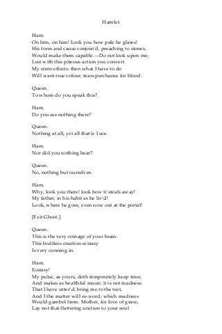 Hamlet
Ham.
On him, on him! Look you how pale he glares!
His form and cause conjoin’d, preaching to stones,
Would make them capable.—Do not look upon me;
Lest with this piteous action you convert
My stern effects: then what I have to do
Will want true colour; tears perchance for blood.
Queen.
To whom do you speak this?
Ham.
Do you see nothing there?
Queen.
Nothing at all; yet all that is I see.
Ham.
Nor did you nothing hear?
Queen.
No, nothing but ourselves.
Ham.
Why, look you there! look how it steals away!
My father, in his habit as he liv’d!
Look, where he goes, even now out at the portal!
[Exit Ghost.]
Queen.
This is the very coinage of your brain:
This bodiless creation ecstasy
Is very cunning in.
Ham.
Ecstasy!
My pulse, as yours, doth temperately keep time,
And makes as healthful music: it is not madness
That I have utter’d: bring me to the test,
And I the matter will re-word; which madness
Would gambol from. Mother, for love of grace,
Lay not that flattering unction to your soul
 