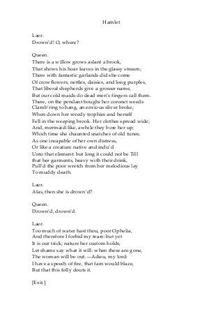 Hamlet
Laer.
Drown’d! O, where?
Queen.
There is a willow grows aslant a brook,
That shows his hoar leaves in the glassy stream;
There with fantastic garlands did she come
Of crowflowers, nettles, daisies, and long purples,
That liberal shepherds give a grosser name,
But our cold maids do dead men’s fingers call them.
There, on the pendant boughs her coronet weeds
Clamb’ring to hang, an envious sliver broke;
When down her weedy trophies and herself
Fell in the weeping brook. Her clothes spread wide;
And, mermaid-like, awhile they bore her up;
Which time she chaunted snatches of old tunes;
As one incapable of her own distress,
Or like a creature native and indu’d
Unto that element: but long it could not be Till
that her garments, heavy with their drink,
Pull’d the poor wretch from her melodious lay
To muddy death.
Laer.
Alas, then she is drown’d?
Queen.
Drown’d, drown’d.
Laer.
Too much of water hast thou, poor Ophelia,
And therefore I forbid my tears: but yet
It is our trick; nature her custom holds,
Let shame say what it will: when these are gone,
The woman will be out.—Adieu, my lord:
I have a speech of fire, that fain would blaze,
But that this folly douts it.
[Exit.]
 