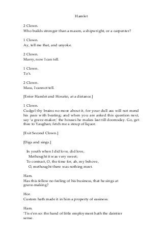 Hamlet
2 Clown.
Who builds stronger than a mason, a shipwright, or a carpenter?
1 Clown.
Ay, tell me that, and unyoke.
2 Clown.
Marry, now I can tell.
1 Clown.
To’t.
2 Clown.
Mass, I cannot tell.
[Enter Hamlet and Horatio, at a distance.]
1 Clown.
Cudgel thy brains no more about it, for your dull ass will not mend
his pace with beating; and when you are asked this question next,
say ‘a grave-maker;' the houses he makes last till doomsday. Go, get
thee to Yaughan; fetch me a stoup of liquor.
[Exit Second Clown.]
[Digs and sings.]
In youth when I did love, did love,
Methought it was very sweet;
To contract, O, the time for, ah, my behove,
O, methought there was nothing meet.
Ham.
Has this fellow no feeling of his business, that he sings at
grave-making?
Hor.
Custom hath made it in him a property of easiness.
Ham.
‘Tis e’en so: the hand of little employment hath the daintier
sense.
 