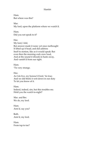 Hamlet
Ham.
He was a man, take him for all in all,
I shall not look upon his like again.
Hor.
My lord, I think I saw him yesternight.
Ham.
Saw who?
Hor.
My lord, the king your father.
Ham.
The King my father!
Hor.
Season your admiration for awhile
With an attent ear, till I may deliver,
Upon the witness of these gentlemen,
This marvel to you.
Ham.
For God’s love let me hear.
Hor.
Two nights together had these gentlemen,
Marcellus and Bernardo, on their watch
In the dead vast and middle of the night,
Been thus encounter’d. A figure like your father,
Armed at point exactly, cap-a-pe,
Appears before them and with solemn march Goes
slow and stately by them: thrice he walk’d By their
oppress’d and fear-surprised eyes, Within his
truncheon’s length; whilst they, distill’d Almost to
jelly with the act of fear,
Stand dumb, and speak not to him. This to me
In dreadful secrecy impart they did;
And I with them the third night kept the watch:
Where, as they had deliver’d, both in time,
Form of the thing, each word made true and good,
The apparition comes: I knew your father;
These hands are not more like.
 