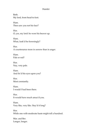 Hamlet
Ham.
But where was this?
Mar.
My lord, upon the platform where we watch’d.
Ham.
Did you not speak to it?
Hor.
My lord, I did;
But answer made it none: yet once methought
It lifted up it head, and did address
Itself to motion, like as it would speak: But
even then the morning cock crew loud,
And at the sound it shrunk in haste away,
And vanish’d from our sight.
Ham.
‘Tis very strange.
Hor.
As I do live, my honour’d lord, ‘tis true;
And we did think it writ down in our duty
To let you know of it.
Ham.
Indeed, indeed, sirs, but this troubles me.
Hold you the watch to-night?
Mar. and Ber.
We do, my lord.
Ham.
Arm’d, say you?
Both.
Arm’d, my lord.
Ham.
From top to toe?
 