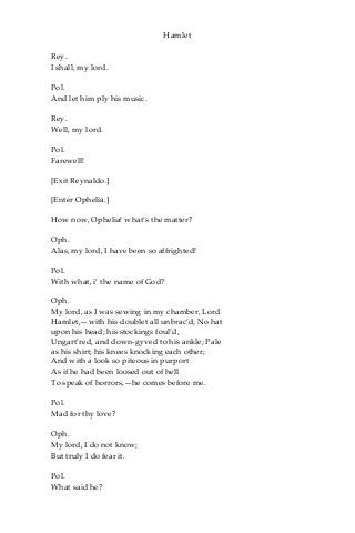 Hamlet
Rey.
I shall, my lord.
Pol.
And let him ply his music.
Rey.
Well, my lord.
Pol.
Farewell!
[Exit Reynaldo.]
[Enter Ophelia.]
How now, Ophelia! what’s the matter?
Oph.
Alas, my lord, I have been so affrighted!
Pol.
With what, i’ the name of God?
Oph.
My lord, as I was sewing in my chamber, Lord
Hamlet,—with his doublet all unbrac’d; No hat
upon his head; his stockings foul’d,
Ungart’red, and down-gyved to his ankle; Pale
as his shirt; his knees knocking each other;
And with a look so piteous in purport
As if he had been loosed out of hell
To speak of horrors,—he comes before me.
Pol.
Mad for thy love?
Oph.
My lord, I do not know;
But truly I do fear it.
Pol.
What said he?
 