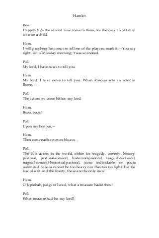 Hamlet
Ros.
Happily he’s the second time come to them; for they say an old man
is twice a child.
Ham.
I will prophesy he comes to tell me of the players; mark it.—You say
right, sir: o’ Monday morning; ‘twas so indeed.
Pol.
My lord, I have news to tell you.
Ham.
My lord, I have news to tell you. When Roscius was an actor in
Rome,—
Pol.
The actors are come hither, my lord.
Ham.
Buzz, buzz!
Pol.
Upon my honour,—
Ham.
Then came each actor on his ass,—
Pol.
The best actors in the world, either for tragedy, comedy, history,
pastoral, pastoral-comical, historical-pastoral, tragical-historical,
tragical-comical-historical-pastoral, scene individable, or poem
unlimited: Seneca cannot be too heavy nor Plautus too light. For the
law of writ and the liberty, these are the only men.
Ham.
O Jephthah, judge of Israel, what a treasure hadst thou!
Pol.
What treasure had he, my lord?
 