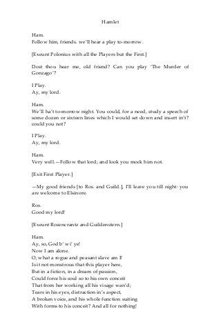 Hamlet
Ham.
Follow him, friends. we’ll hear a play to-morrow.
[Exeunt Polonius with all the Players but the First.]
Dost thou hear me, old friend? Can you play ‘The Murder of
Gonzago’?
I Play.
Ay, my lord.
Ham.
We’ll ha’t to-morrow night. You could, for a need, study a speech of
some dozen or sixteen lines which I would set down and insert in’t?
could you not?
I Play.
Ay, my lord.
Ham.
Very well.—Follow that lord; and look you mock him not.
[Exit First Player.]
—My good friends [to Ros. and Guild.], I’ll leave you till night: you
are welcome to Elsinore.
Ros.
Good my lord!
[Exeunt Rosencrantz and Guildenstern.]
Ham.
Ay, so, God b’ wi’ ye!
Now I am alone.
O, what a rogue and peasant slave am I!
Is it not monstrous that this player here,
But in a fiction, in a dream of passion,
Could force his soul so to his own conceit
That from her working all his visage wan’d;
Tears in his eyes, distraction in’s aspect,
A broken voice, and his whole function suiting
With forms to his conceit? And all for nothing!
 
