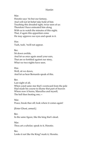 Hamlet
Fran.
I think I hear them.—Stand, ho! Who is there?
[Enter Horatio and Marcellus.]
Hor.
Friends to this ground.
Mar.
And liegemen to the Dane.
Fran.
Give you good-night.
Mar.
O, farewell, honest soldier;
Who hath reliev’d you?
Fran.
Bernardo has my place.
Give you good-night.
[Exit.]
Mar.
Holla! Bernardo!
Ber.
Say.
What, is Horatio there?
Hor.
A piece of him.
Ber.
Welcome, Horatio:—Welcome, good Marcellus.
Mar.
What, has this thing appear’d again to-night?
Ber.
I have seen nothing.
 