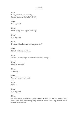 Hamlet
Ham.
Lady, shall I lie in your lap?
[Lying down at Ophelia’s feet.]
Oph.
No, my lord.
Ham.
I mean, my head upon your lap?
Oph.
Ay, my lord.
Ham.
Do you think I meant country matters?
Oph.
I think nothing, my lord.
Ham.
That’s a fair thought to lie between maids’ legs.
Oph.
What is, my lord?
Ham.
Nothing.
Oph.
You are merry, my lord.
Ham.
Who, I?
Oph.
Ay, my lord.
Ham.
O, your only jig-maker! What should a man do but be merry? for
look you how cheerfully my mother looks, and my father died
within ‘s two hours.
 
